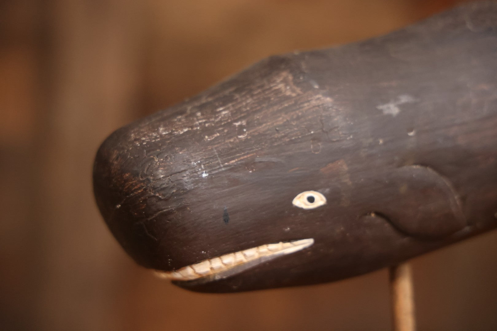 Vintage Folk Art Hand Carved And Painted Wooden Sperm Whale Figure On Stand, 12" H