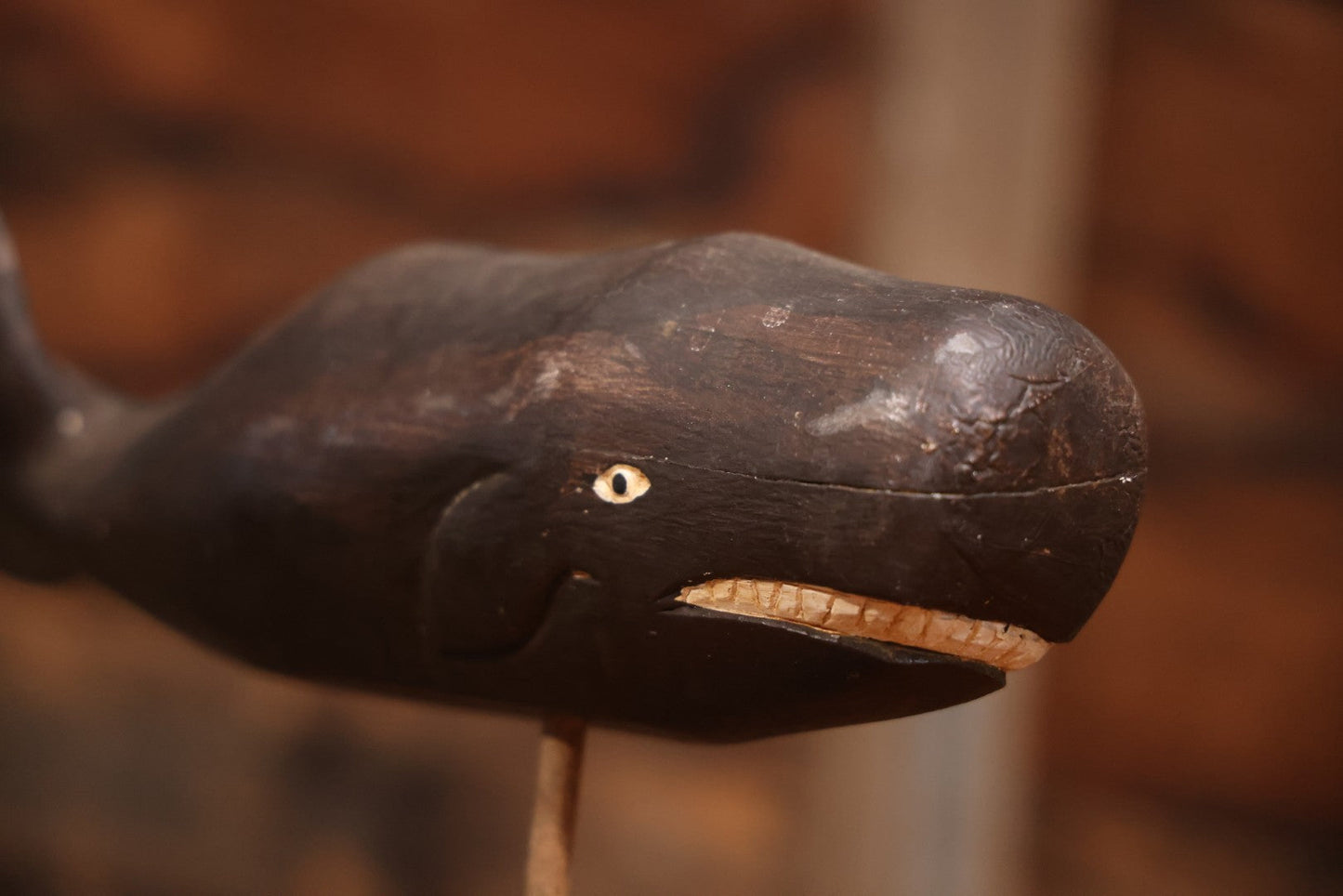 Vintage Folk Art Hand Carved And Painted Wooden Sperm Whale Figure On Stand, 12" H