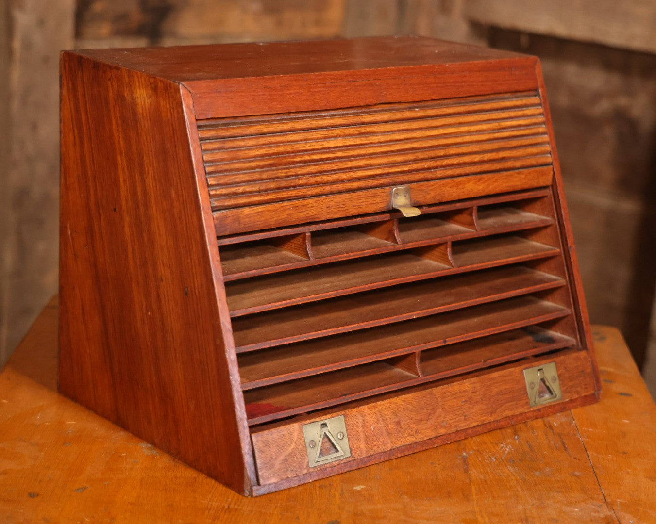 Antique Oak Desktop File Cabinet With Tambour Door
