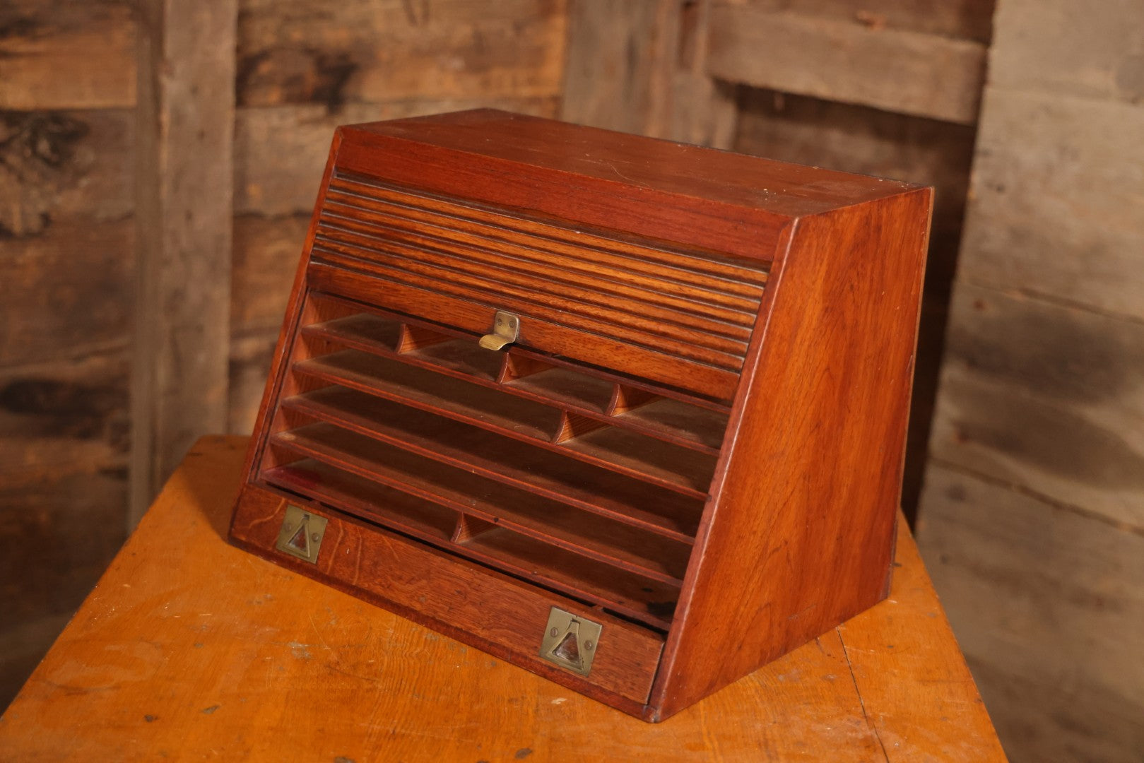 Antique Oak Desktop File Cabinet With Tambour Door