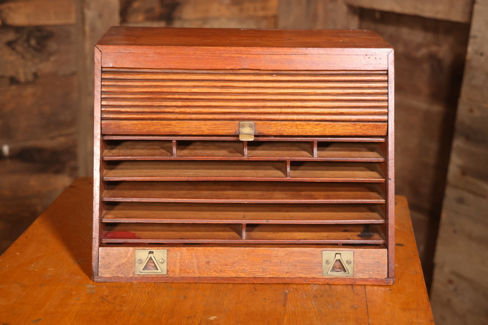 Antique Oak Desktop File Cabinet With Tambour Door