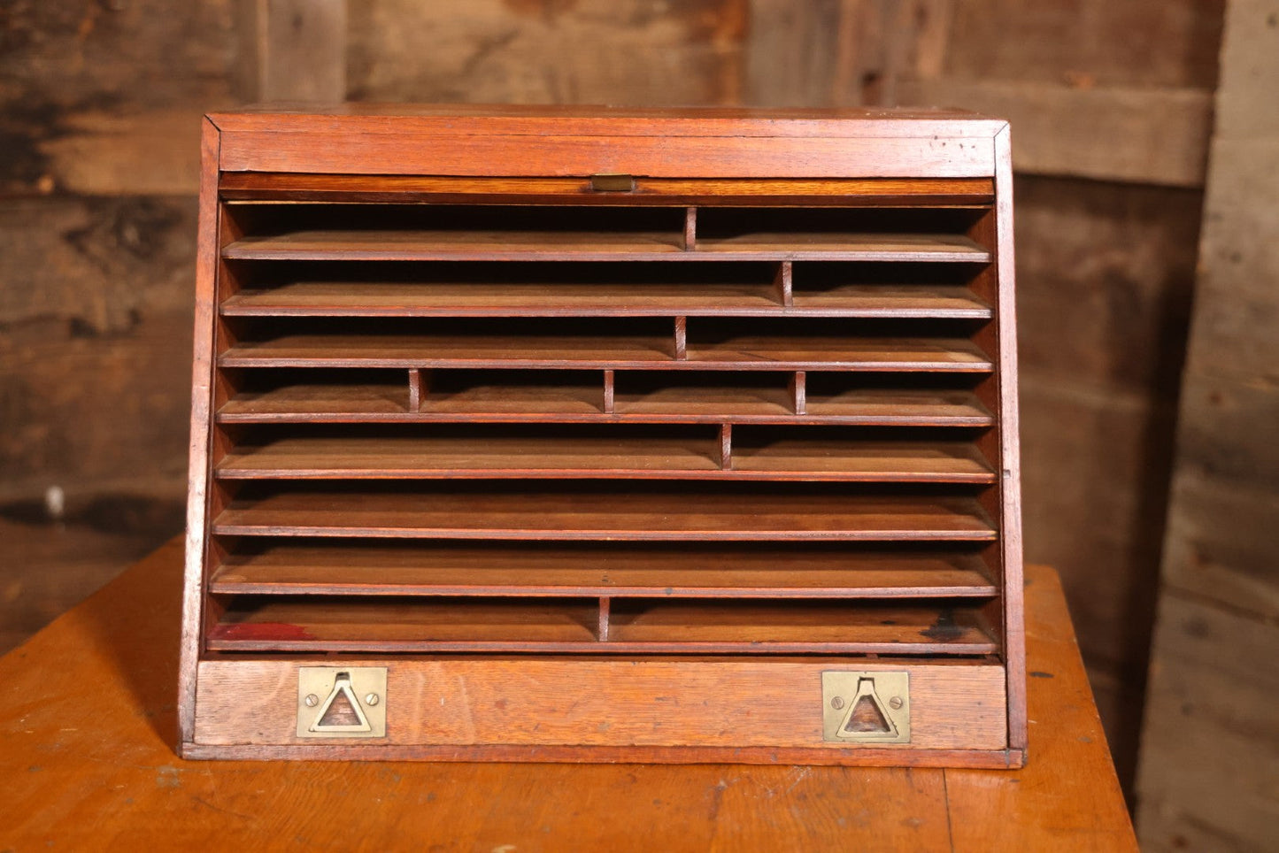 Antique Oak Desktop File Cabinet With Tambour Door