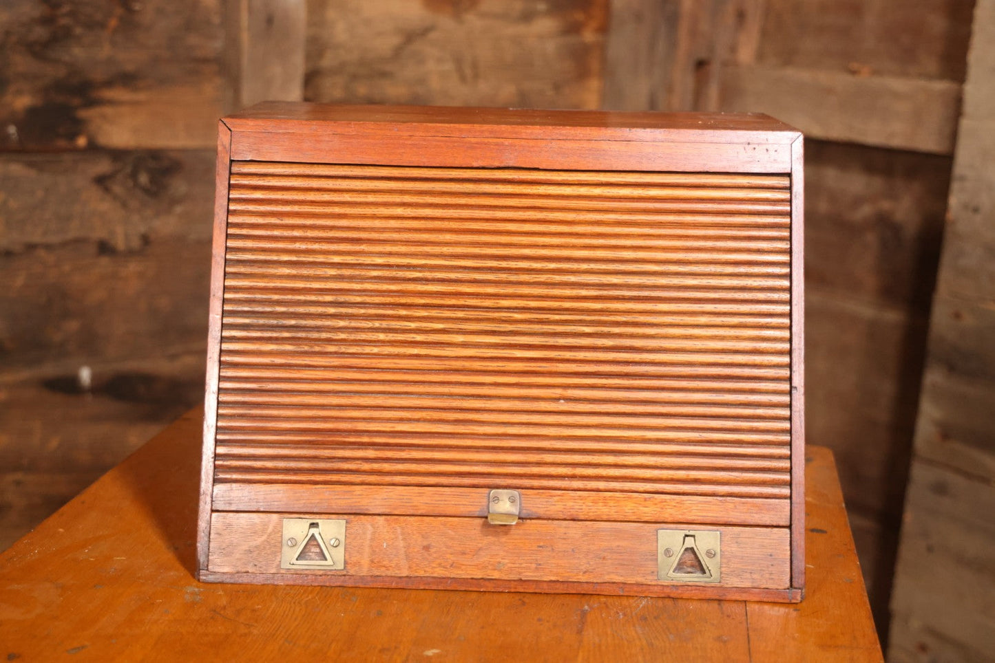 Antique Oak Desktop File Cabinet With Tambour Door