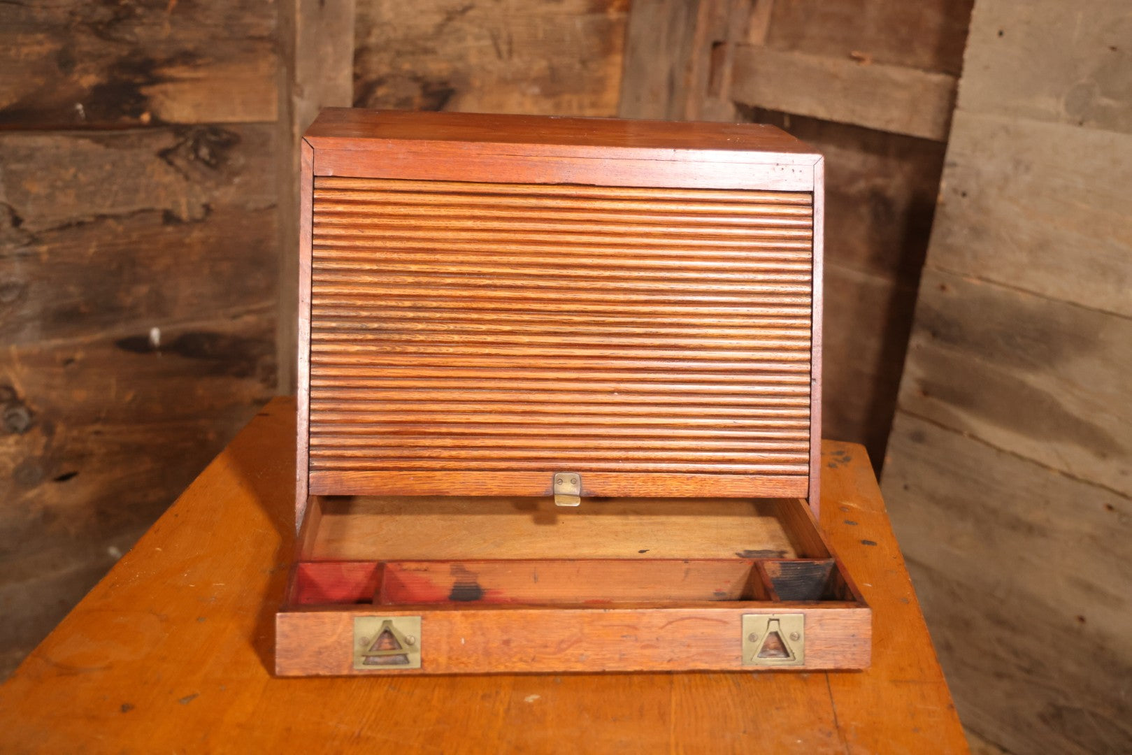 Antique Oak Desktop File Cabinet With Tambour Door