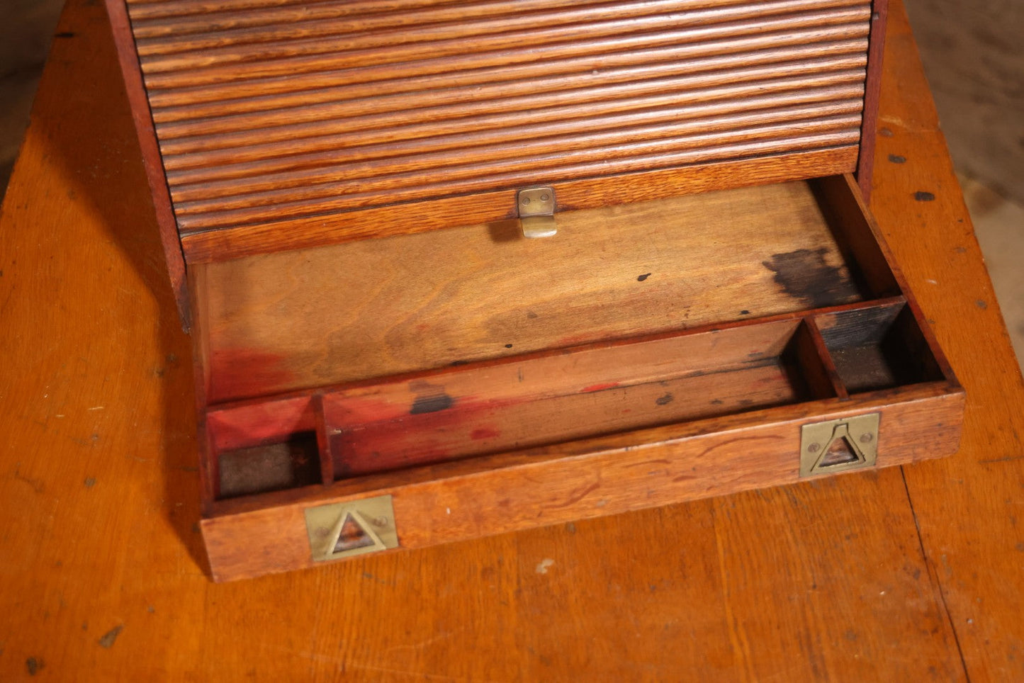 Antique Oak Desktop File Cabinet With Tambour Door