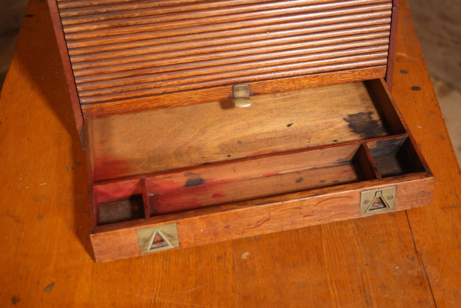 Antique Oak Desktop File Cabinet With Tambour Door