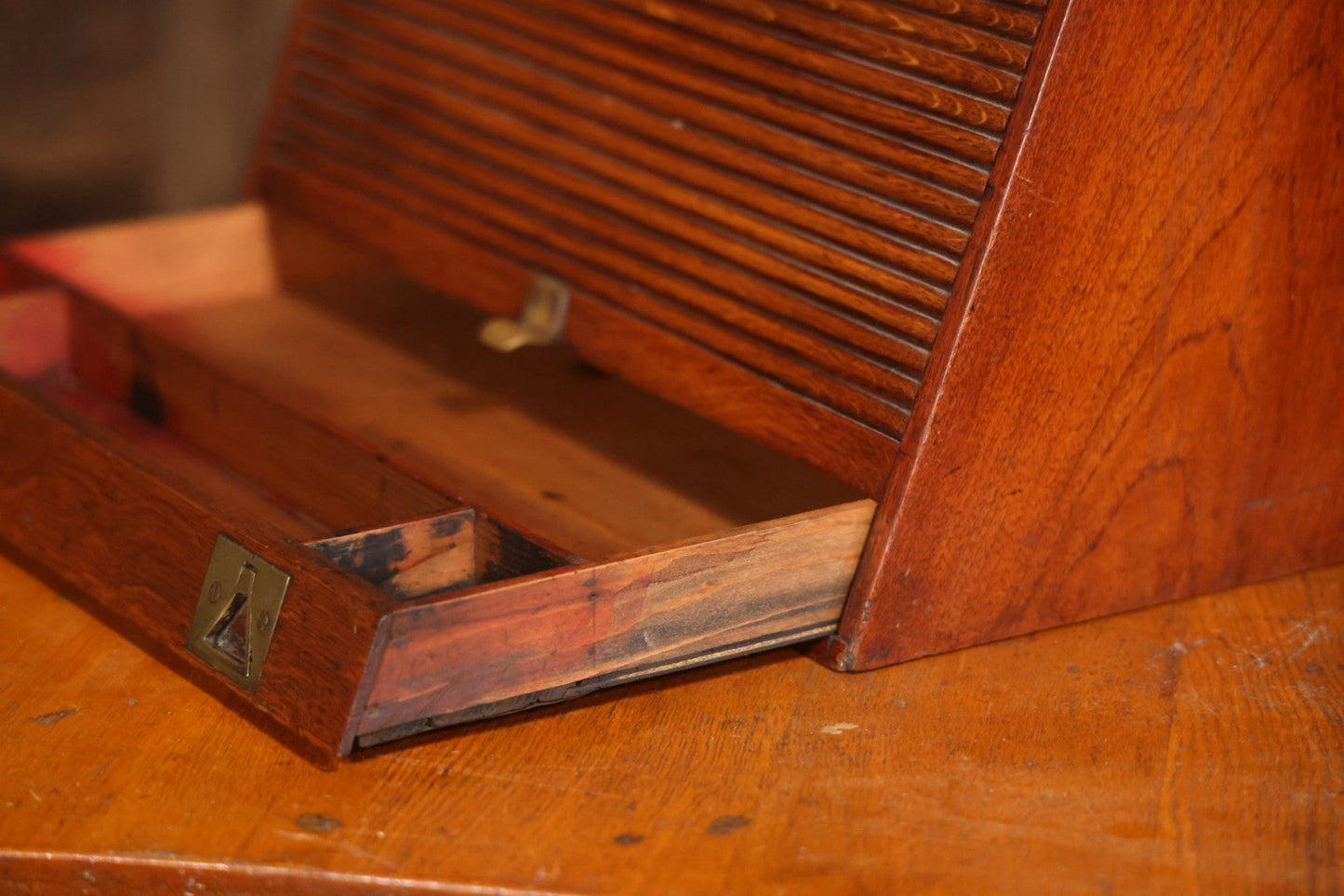 Antique Oak Desktop File Cabinet With Tambour Door