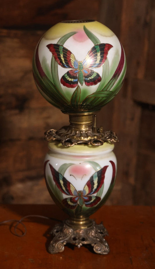 Antique Kerosene Lamp With Butterfly Painted Glass Globe And Font, 1890s Patent, Electric Conversion, 24-1/2" H