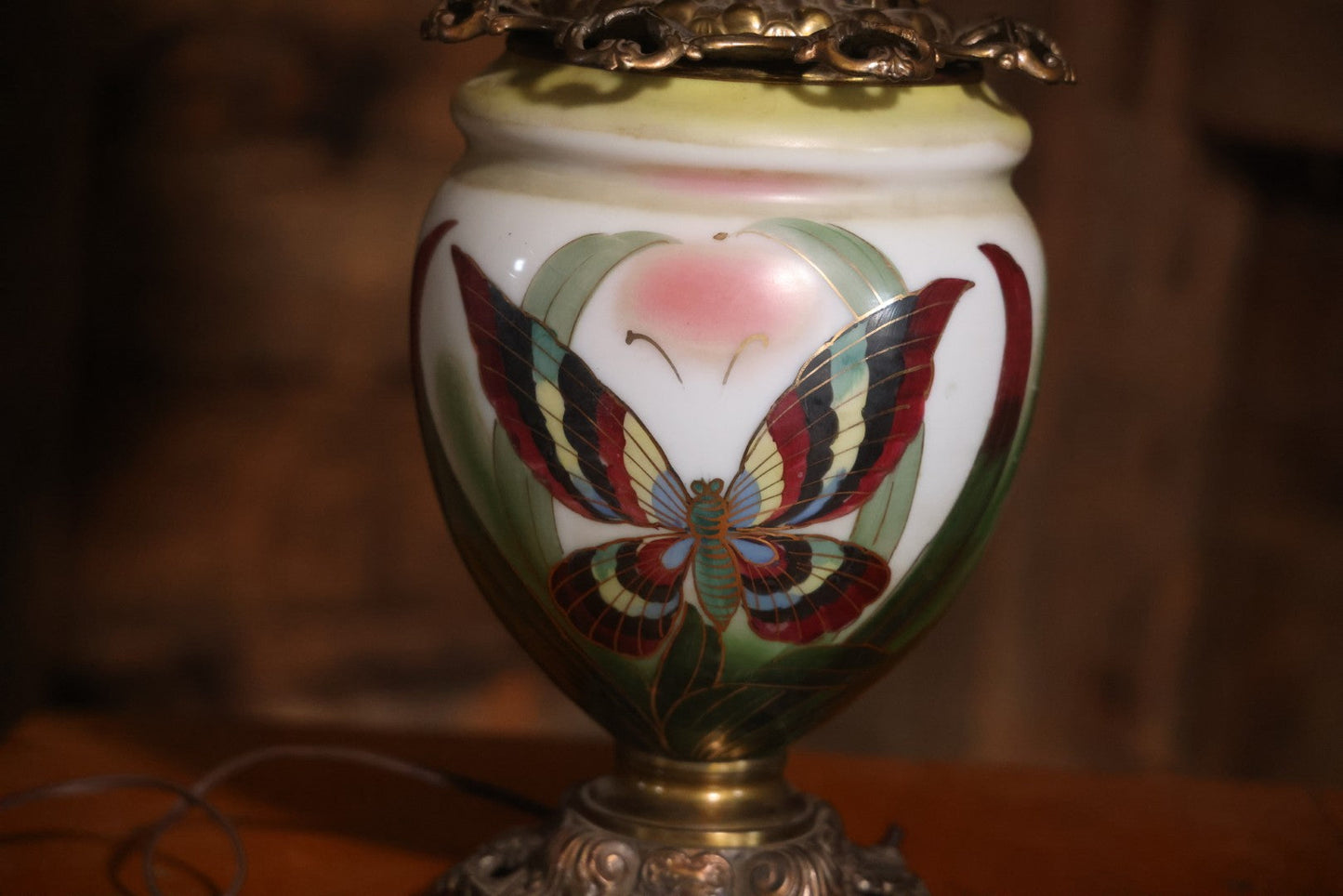 Antique Kerosene Lamp With Butterfly Painted Glass Globe And Font, 1890s Patent, Electric Conversion, 24-1/2" H