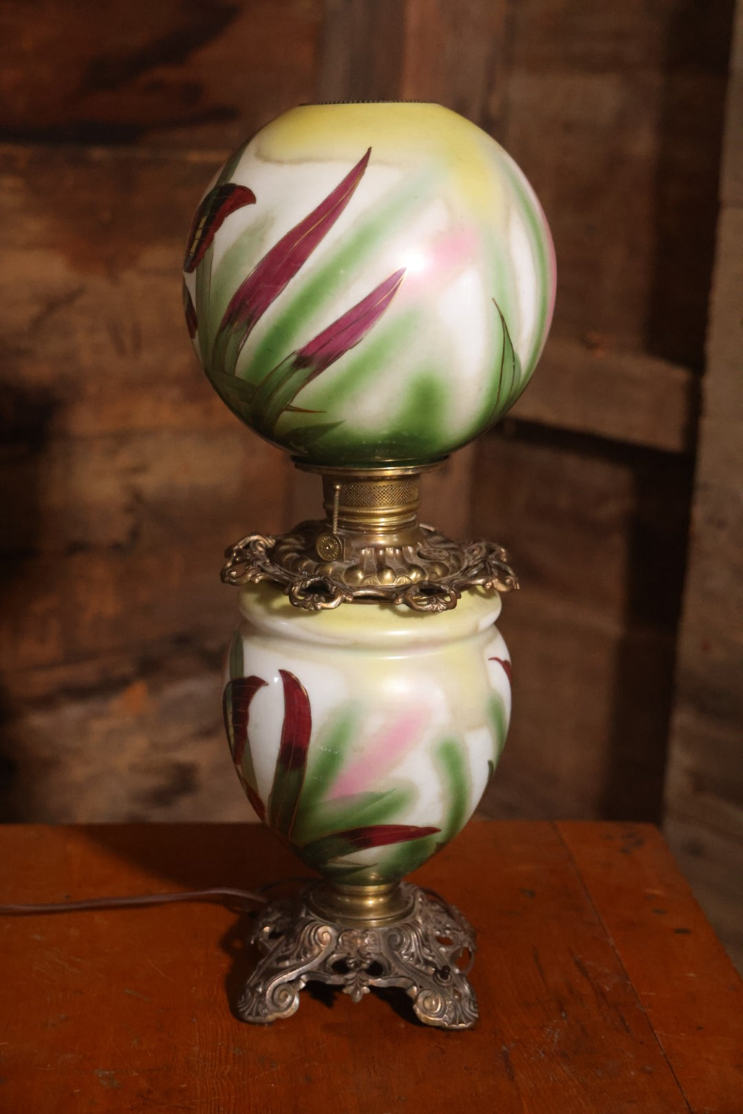 Antique Kerosene Lamp With Butterfly Painted Glass Globe And Font, 1890s Patent, Electric Conversion, 24-1/2" H