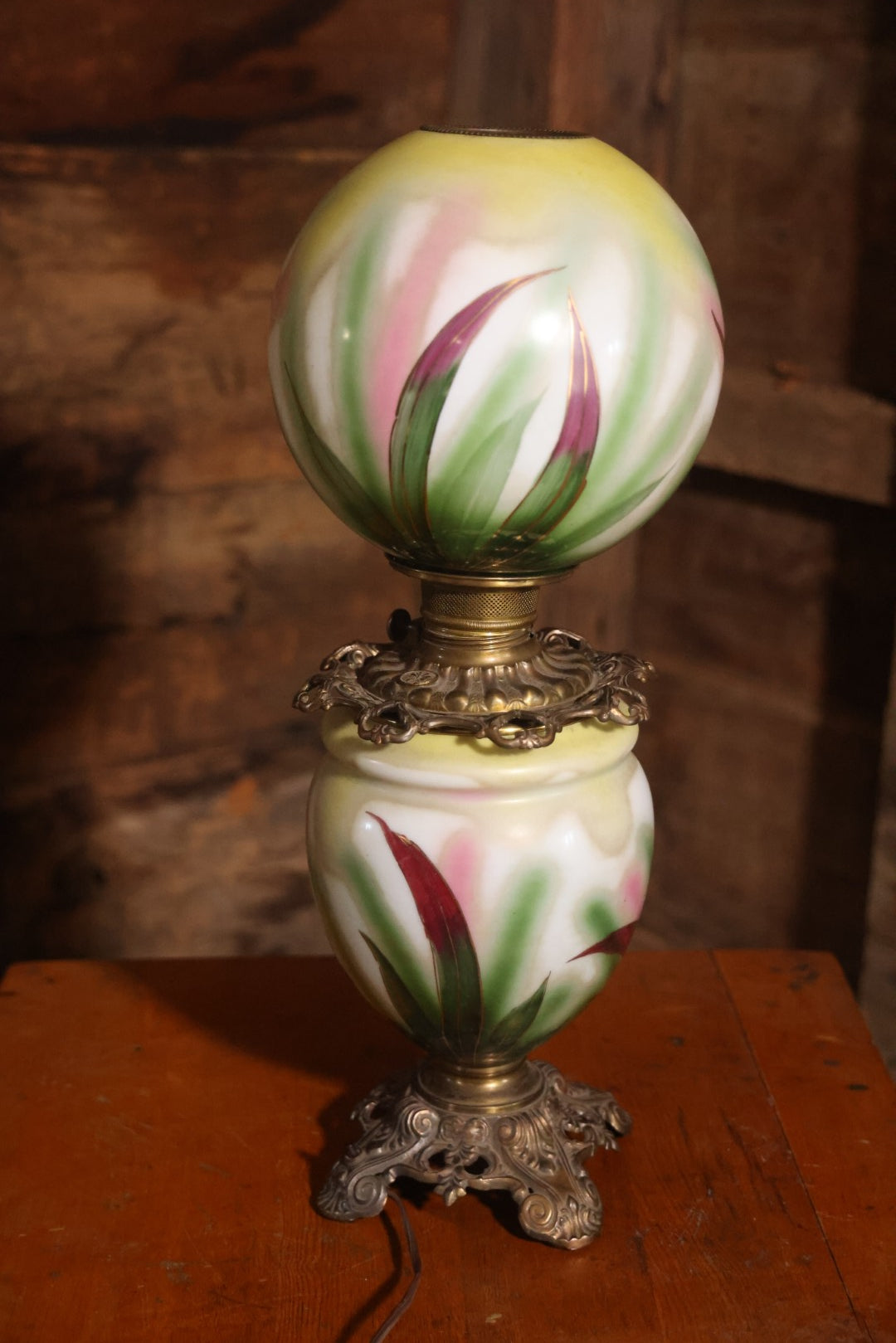 Antique Kerosene Lamp With Butterfly Painted Glass Globe And Font, 1890s Patent, Electric Conversion, 24-1/2" H