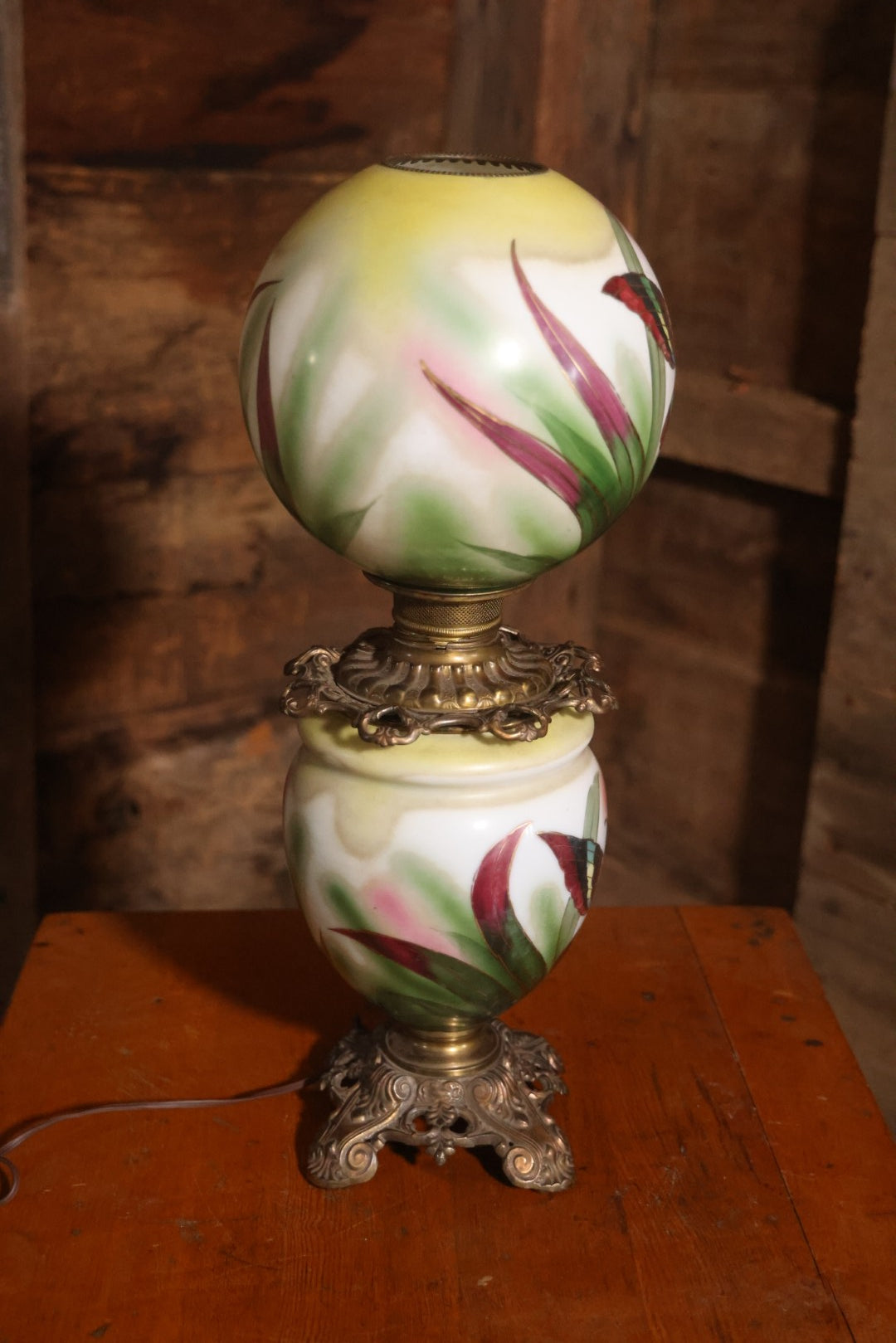 Antique Kerosene Lamp With Butterfly Painted Glass Globe And Font, 1890s Patent, Electric Conversion, 24-1/2" H
