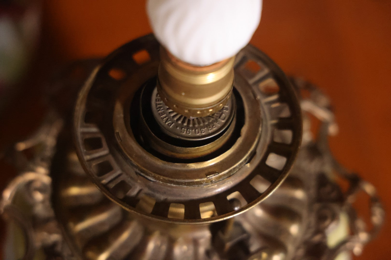 Antique Kerosene Lamp With Butterfly Painted Glass Globe And Font, 1890s Patent, Electric Conversion, 24-1/2" H