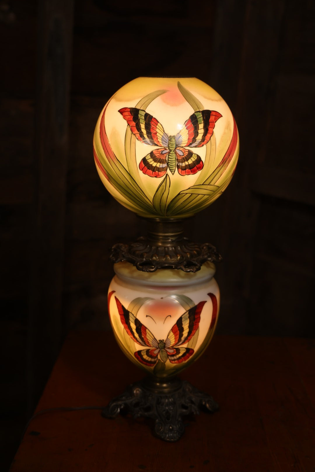 Antique Kerosene Lamp With Butterfly Painted Glass Globe And Font, 1890s Patent, Electric Conversion, 24-1/2" H
