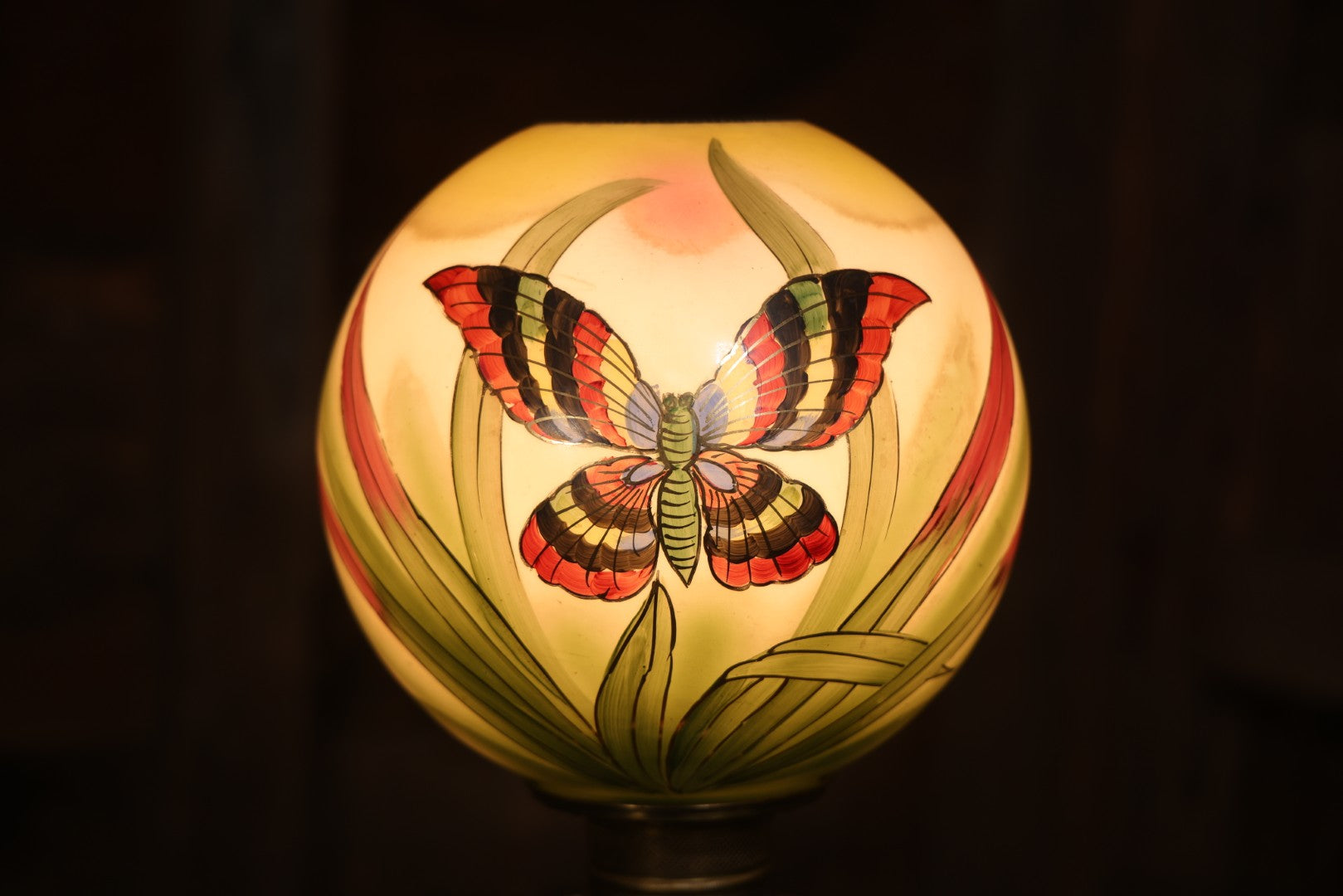Antique Kerosene Lamp With Butterfly Painted Glass Globe And Font, 1890s Patent, Electric Conversion, 24-1/2" H