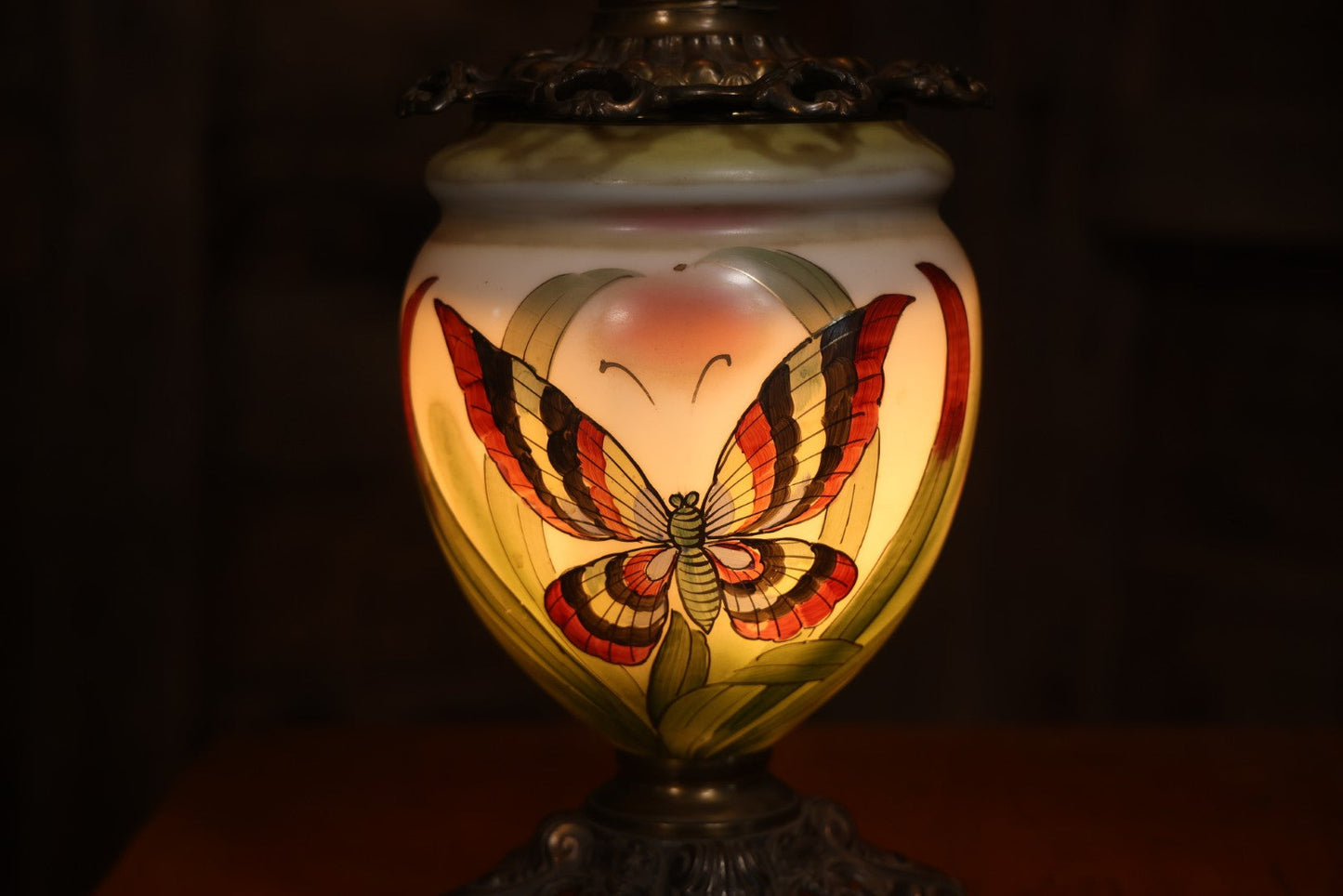 Antique Kerosene Lamp With Butterfly Painted Glass Globe And Font, 1890s Patent, Electric Conversion, 24-1/2" H