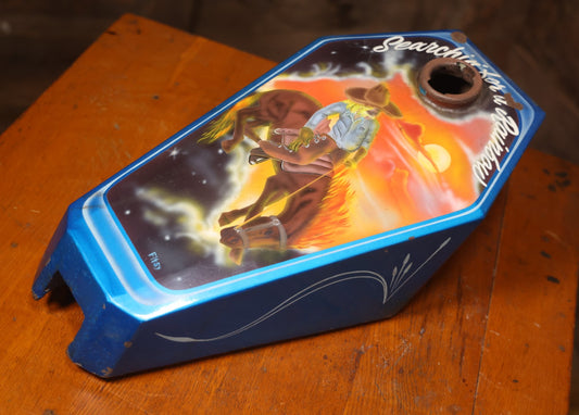 Vintage Hand-Painted Coffin Style Motorcycle Tank With Cowboy Scene, Signed Fitsy, “Searchin' For A Rainbow”
