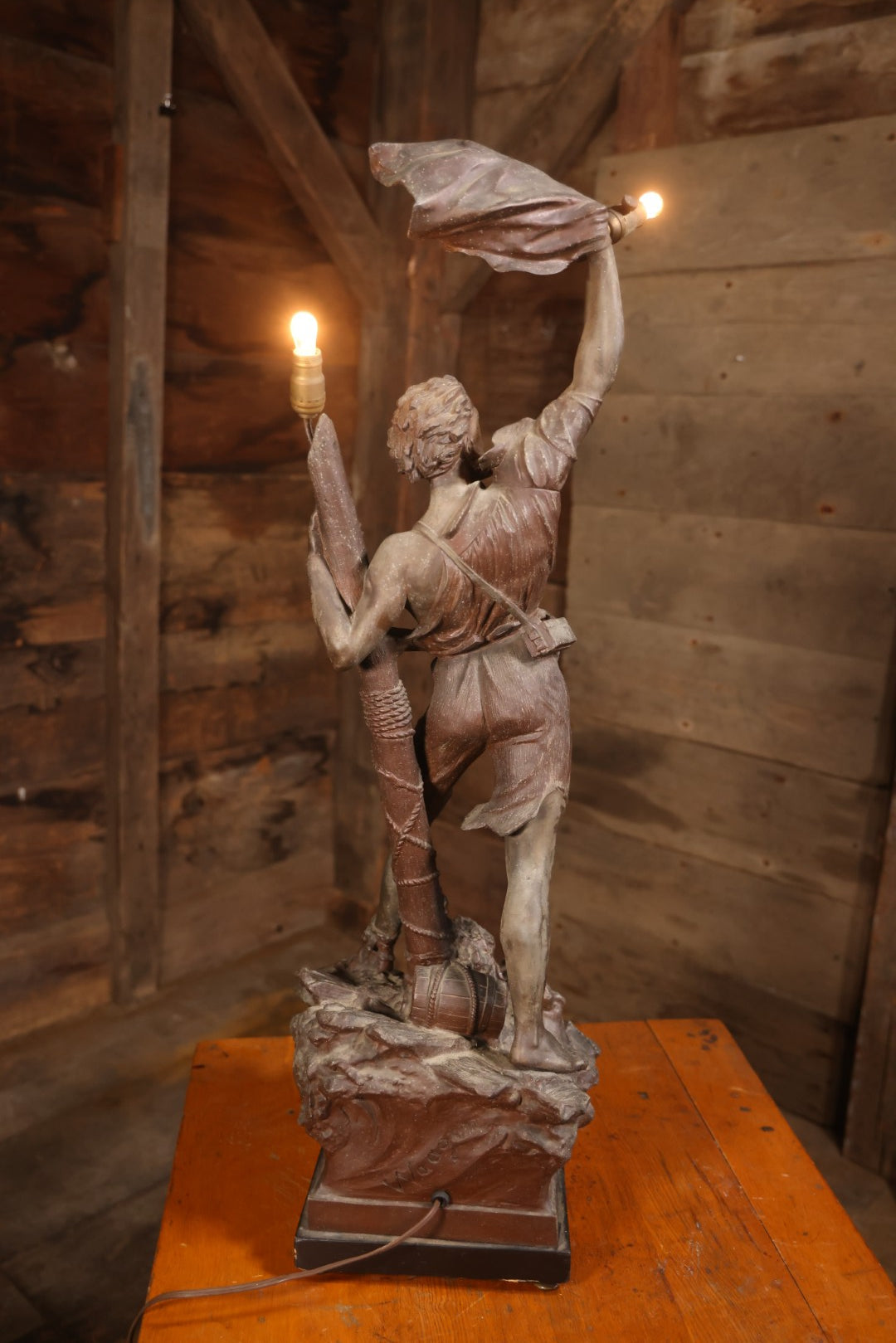 Antique Spelter Statue Lamp Of Sailor On Sinking Ship, Titled “Detresse” After Max Arthur Waagen (German, 1833-1898), 35-1/2" H