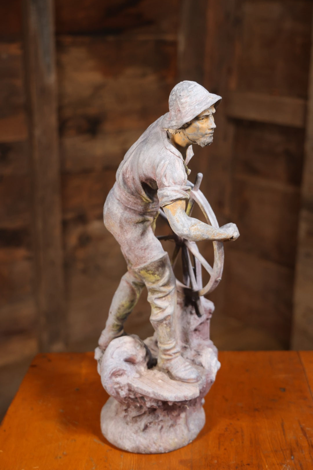 Antique Spelter Statue Of Ship Captain At Helm, After Xavier Raphanel (French, 1876–1957), 22-1/4" H