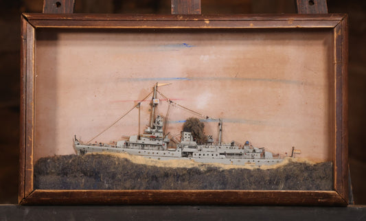 Vintage Folk Art Shadowbox Model Of HNLMS Van Kinsbergen Dutch Naval Sloop Battleship, World War II Era, 21" x 12-1/4"
