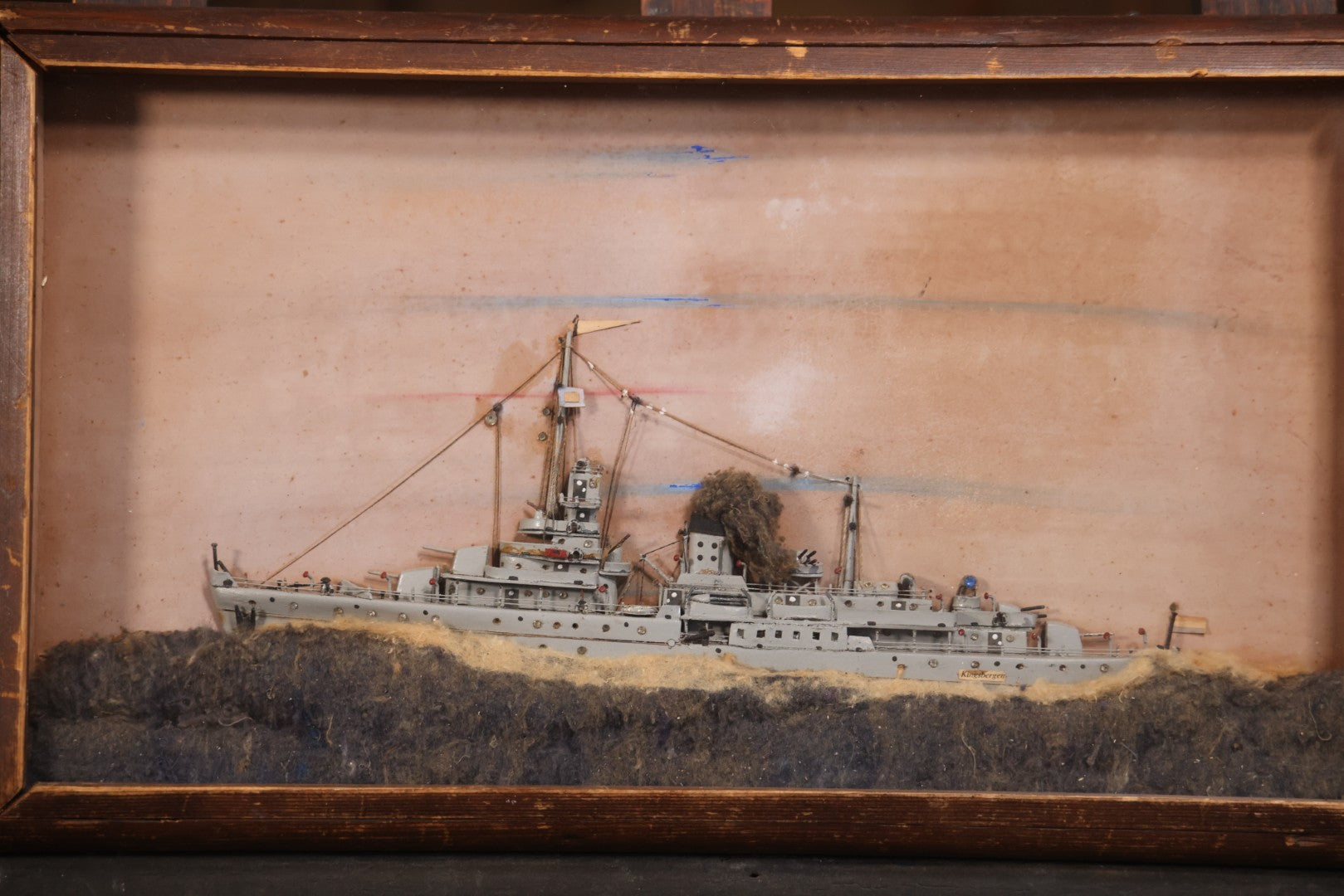 Vintage Folk Art Shadowbox Model Of HNLMS Van Kinsbergen Dutch Naval Sloop Battleship, World War II Era, 21" x 12-1/4"