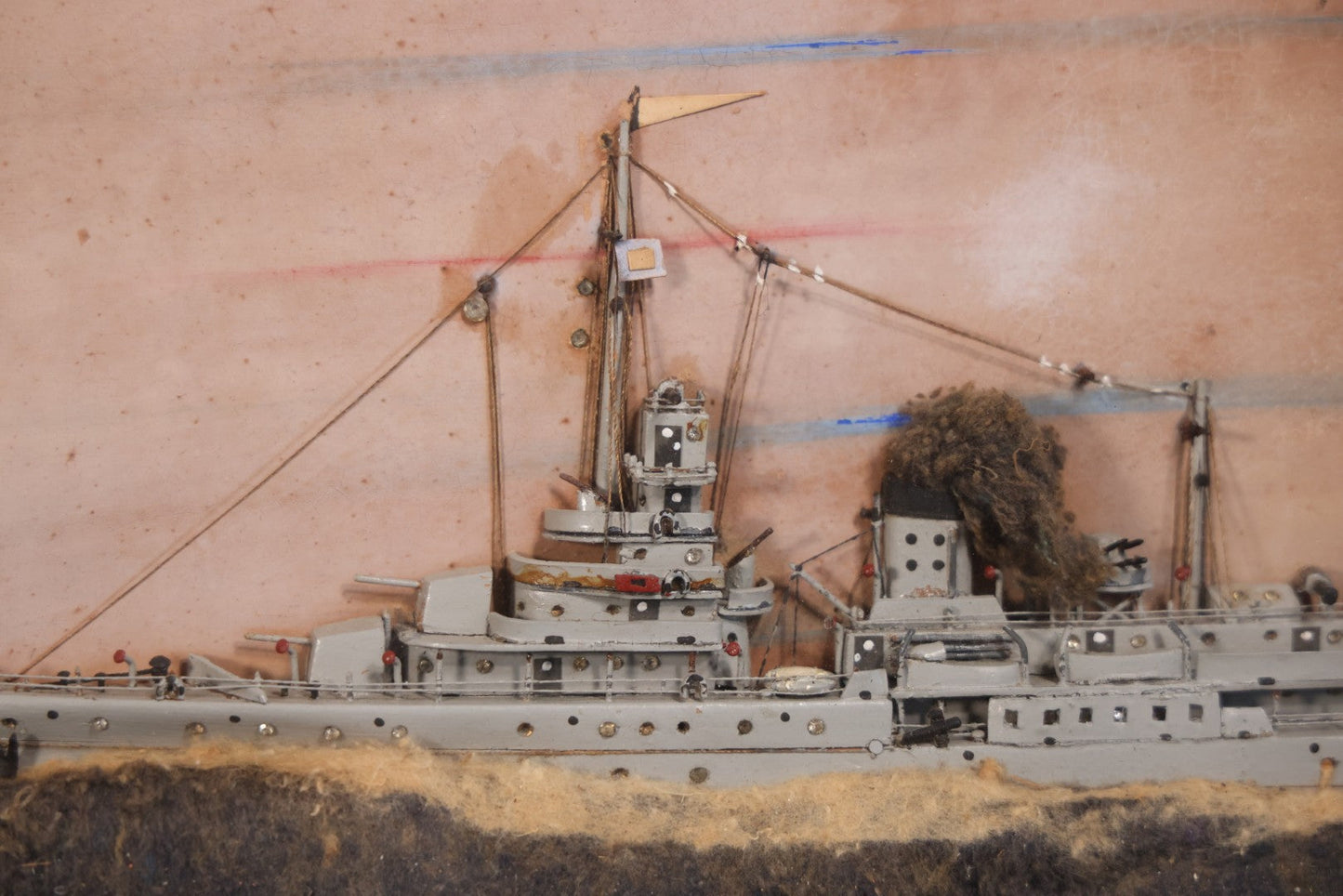 Vintage Folk Art Shadowbox Model Of HNLMS Van Kinsbergen Dutch Naval Sloop Battleship, World War II Era, 21" x 12-1/4"