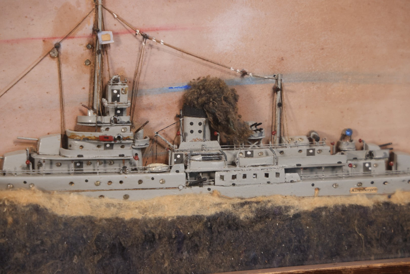 Vintage Folk Art Shadowbox Model Of HNLMS Van Kinsbergen Dutch Naval Sloop Battleship, World War II Era, 21" x 12-1/4"