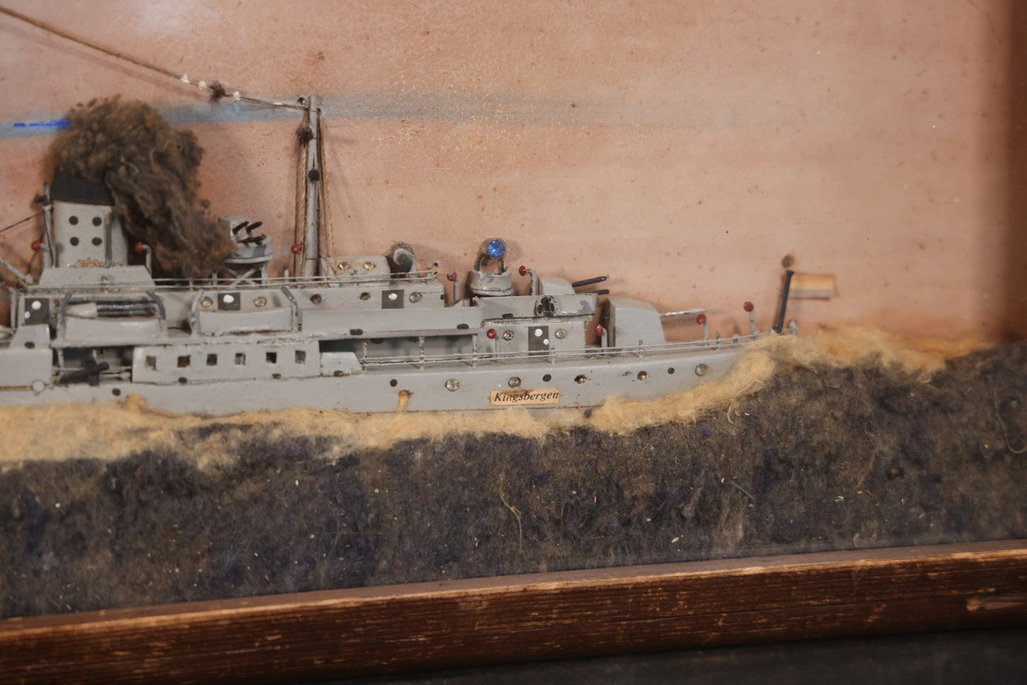 Vintage Folk Art Shadowbox Model Of HNLMS Van Kinsbergen Dutch Naval Sloop Battleship, World War II Era, 21" x 12-1/4"