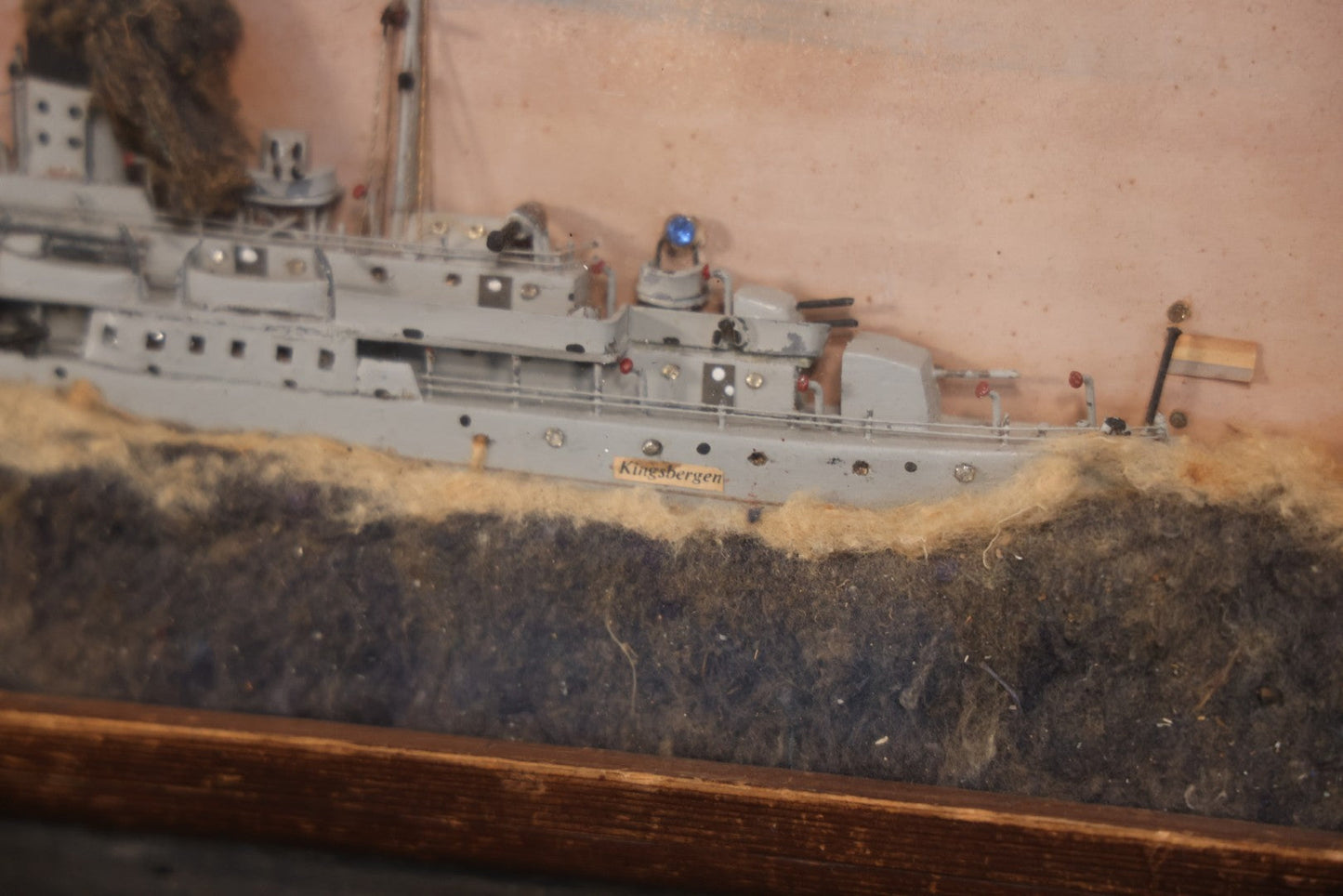 Vintage Folk Art Shadowbox Model Of HNLMS Van Kinsbergen Dutch Naval Sloop Battleship, World War II Era, 21" x 12-1/4"