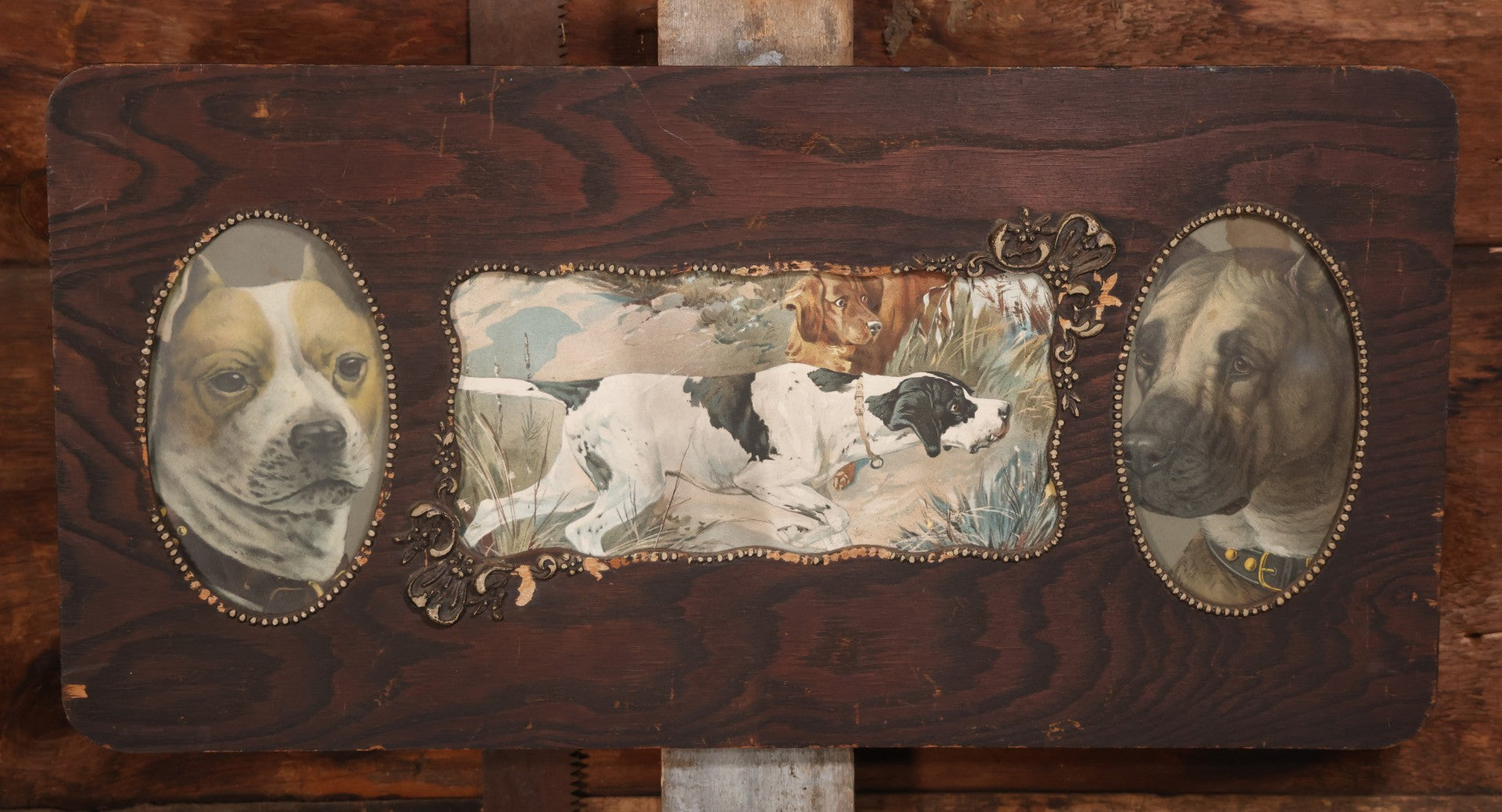 Antique Dog Print Tryptic With Hunting Dog And Staffordshire Terriers, In Oak Panel Frame With Gesso Decoration, 26" x 13"