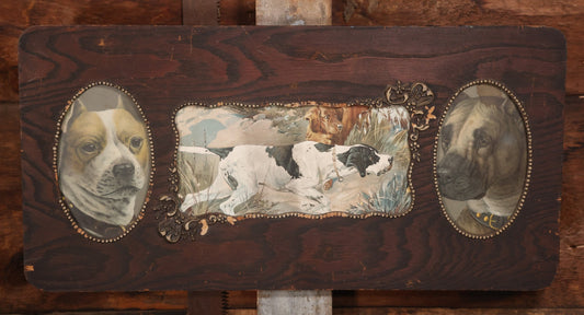Antique Dog Print Tryptic With Hunting Dog And Staffordshire Terriers, In Oak Panel Frame With Gesso Decoration, 26" x 13"