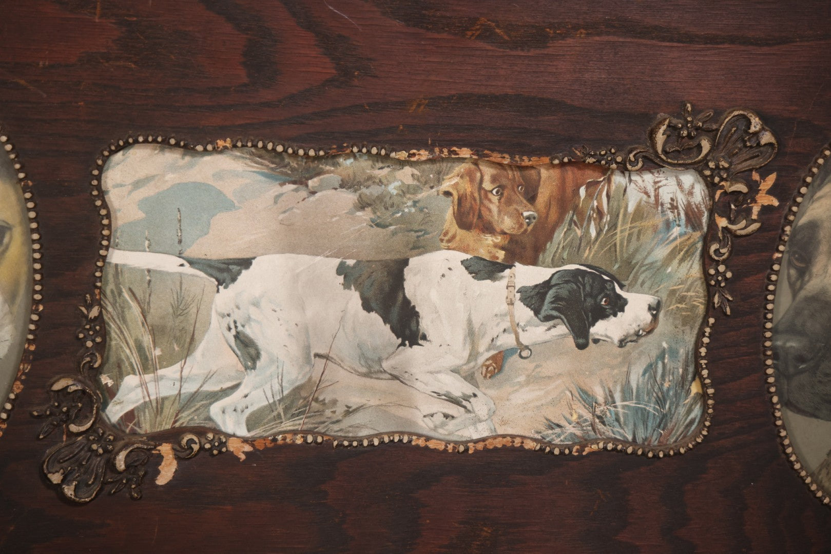 Antique Dog Print Tryptic With Hunting Dog And Staffordshire Terriers, In Oak Panel Frame With Gesso Decoration, 26" x 13"