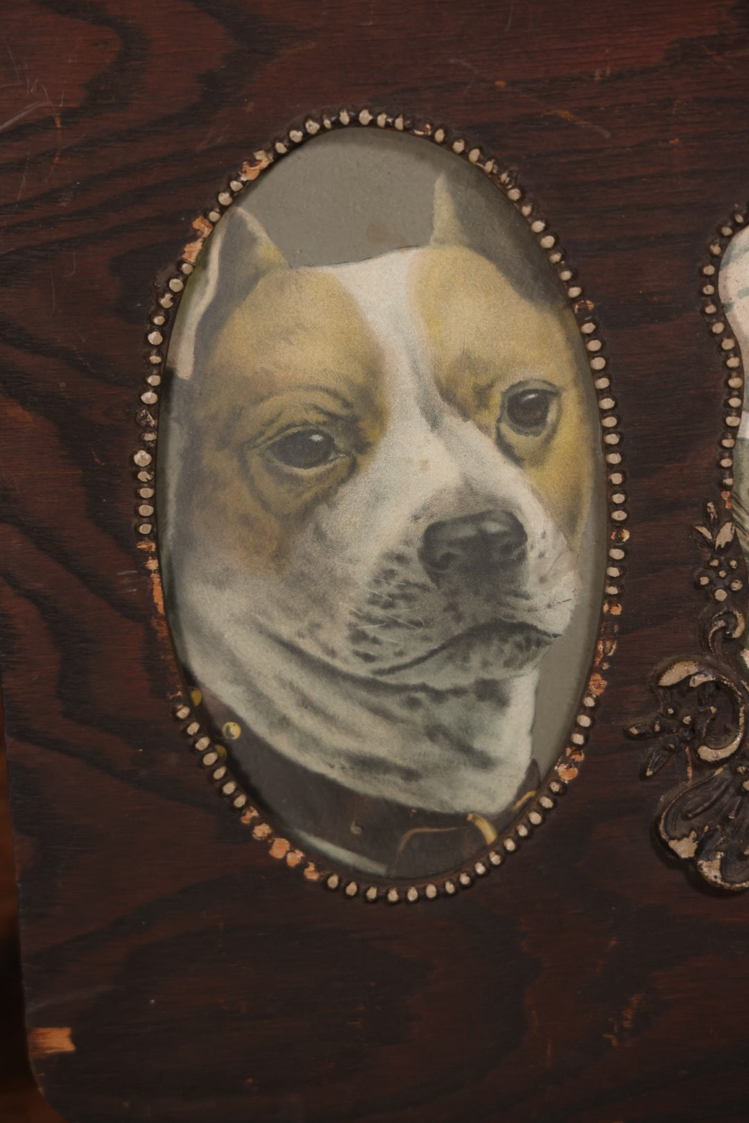 Antique Dog Print Tryptic With Hunting Dog And Staffordshire Terriers, In Oak Panel Frame With Gesso Decoration, 26" x 13"