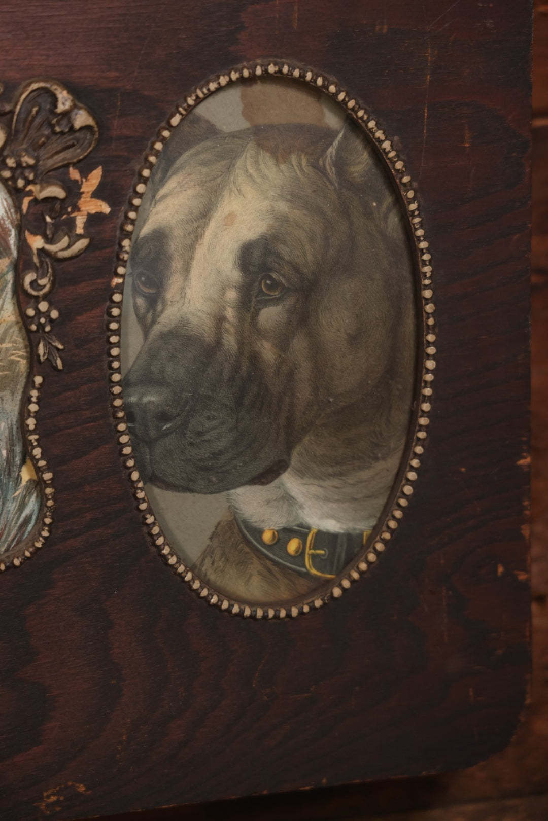 Antique Dog Print Tryptic With Hunting Dog And Staffordshire Terriers, In Oak Panel Frame With Gesso Decoration, 26" x 13"