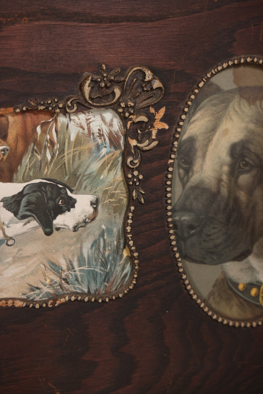 Antique Dog Print Tryptic With Hunting Dog And Staffordshire Terriers, In Oak Panel Frame With Gesso Decoration, 26" x 13"