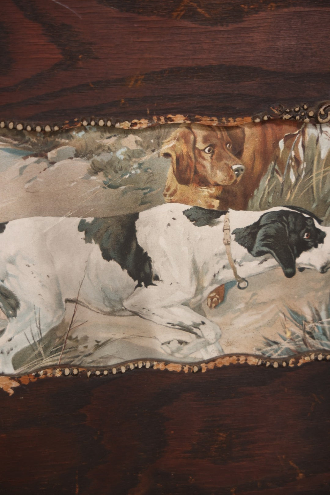 Antique Dog Print Tryptic With Hunting Dog And Staffordshire Terriers, In Oak Panel Frame With Gesso Decoration, 26" x 13"