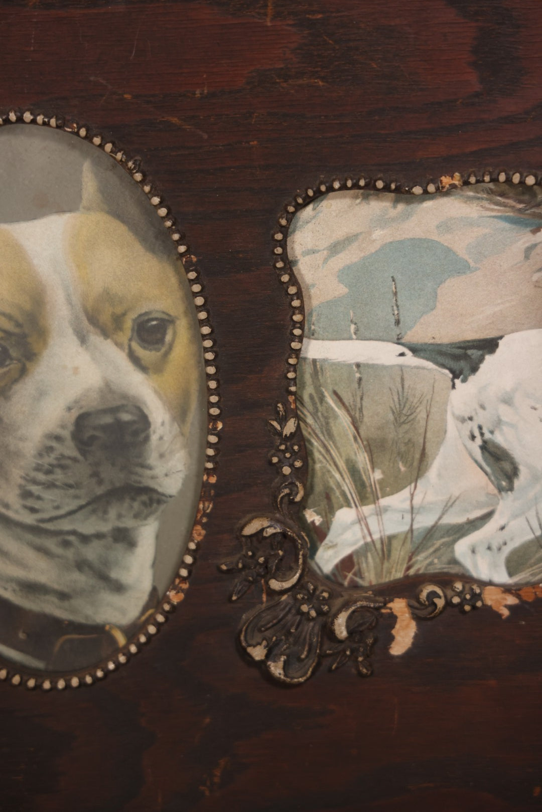 Antique Dog Print Tryptic With Hunting Dog And Staffordshire Terriers, In Oak Panel Frame With Gesso Decoration, 26" x 13"