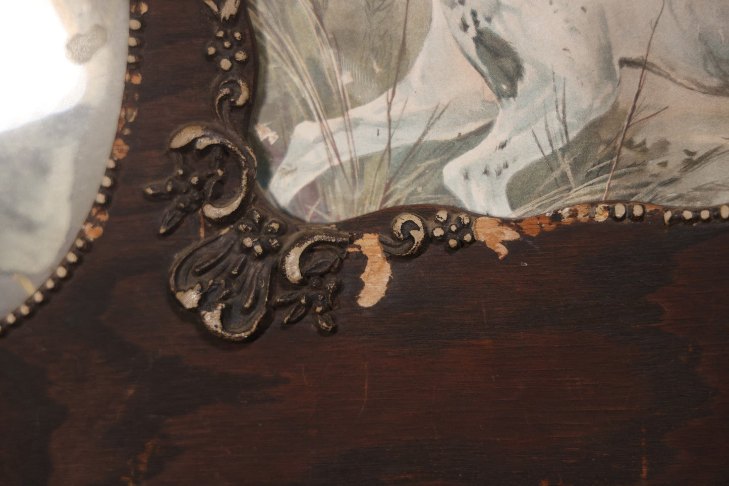 Antique Dog Print Tryptic With Hunting Dog And Staffordshire Terriers, In Oak Panel Frame With Gesso Decoration, 26" x 13"