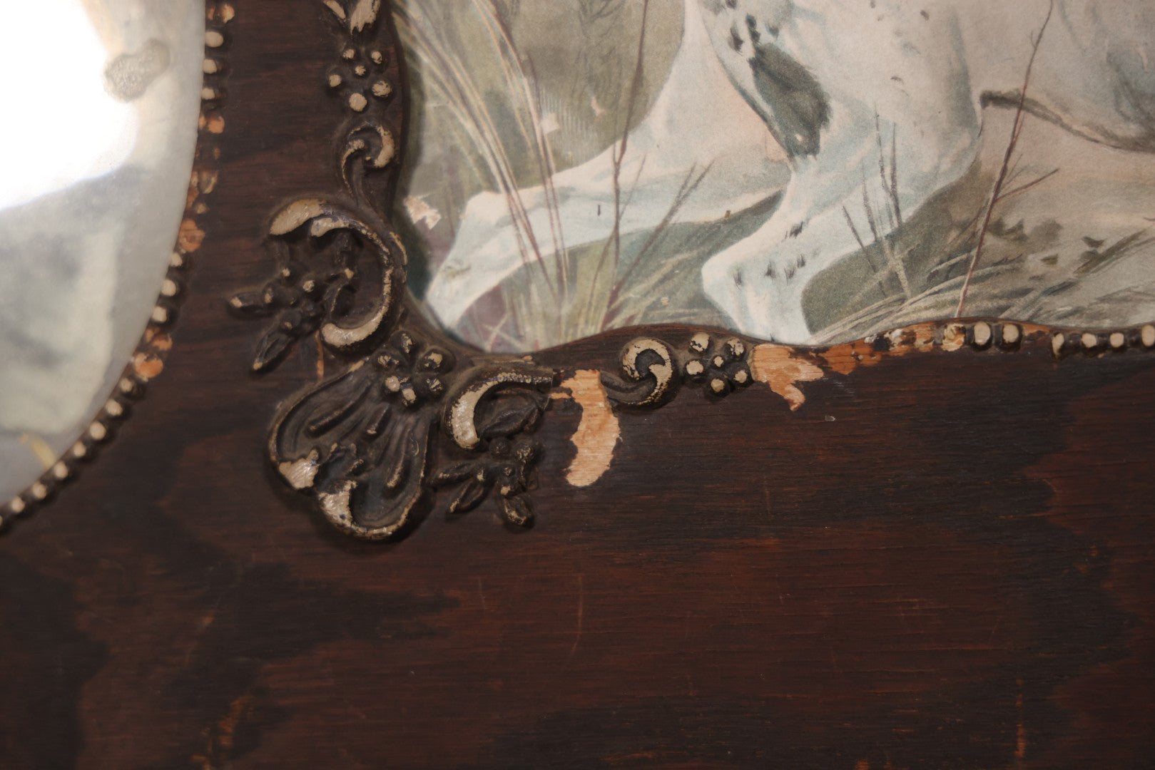 Antique Dog Print Tryptic With Hunting Dog And Staffordshire Terriers, In Oak Panel Frame With Gesso Decoration, 26" x 13"