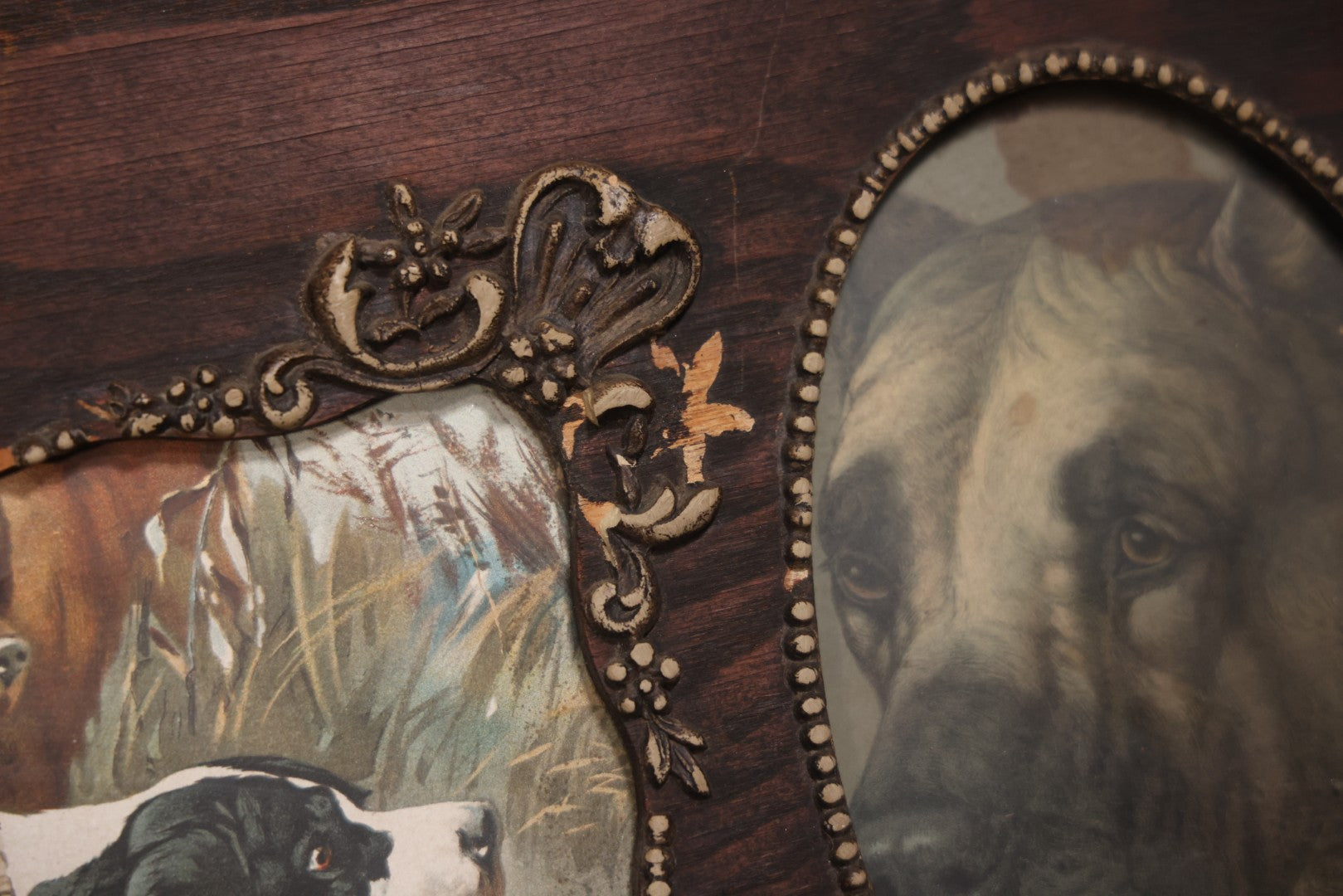 Antique Dog Print Tryptic With Hunting Dog And Staffordshire Terriers, In Oak Panel Frame With Gesso Decoration, 26" x 13"