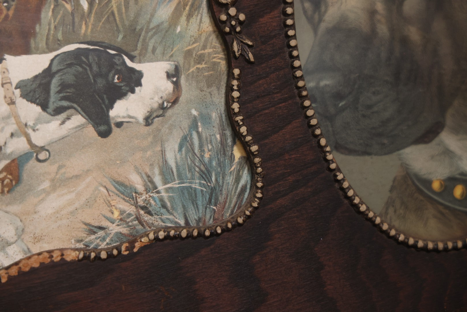 Antique Dog Print Tryptic With Hunting Dog And Staffordshire Terriers, In Oak Panel Frame With Gesso Decoration, 26" x 13"