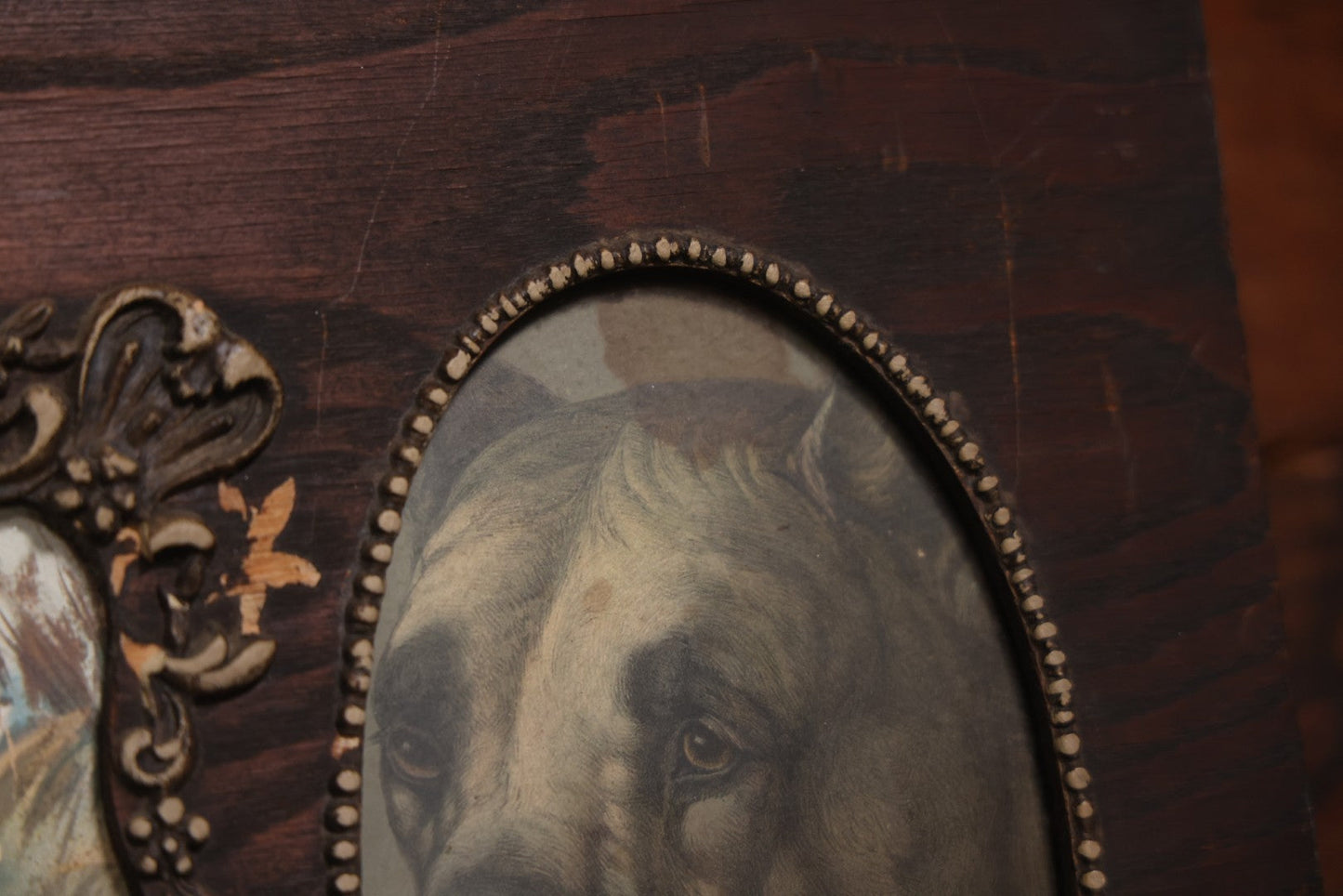 Antique Dog Print Tryptic With Hunting Dog And Staffordshire Terriers, In Oak Panel Frame With Gesso Decoration, 26" x 13"