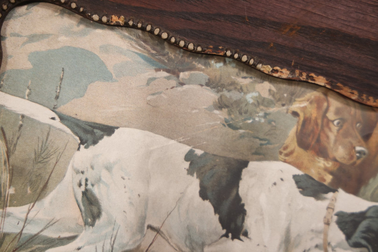 Antique Dog Print Tryptic With Hunting Dog And Staffordshire Terriers, In Oak Panel Frame With Gesso Decoration, 26" x 13"