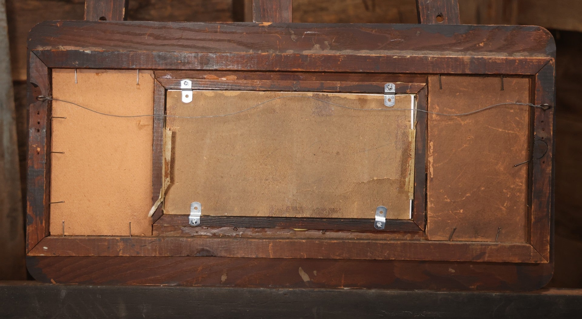 Antique Dog Print Tryptic With Hunting Dog And Staffordshire Terriers, In Oak Panel Frame With Gesso Decoration, 26" x 13"