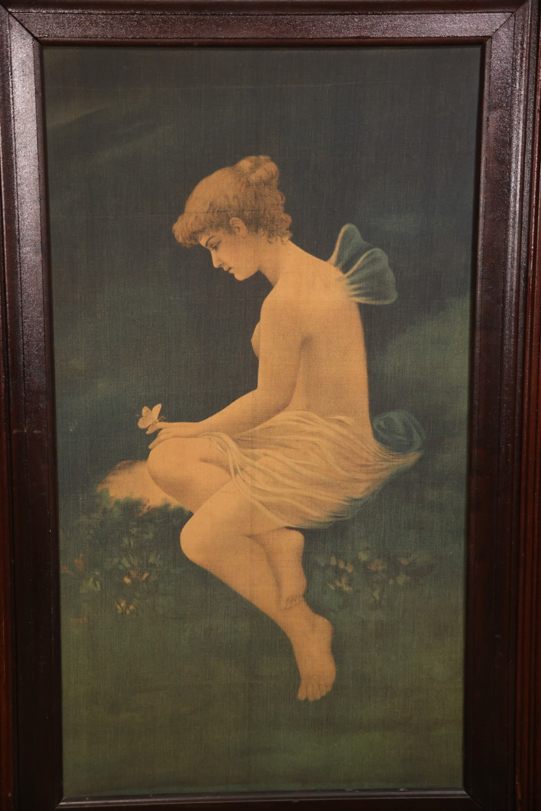 Vintage Oversized Print On Linen, “Psyche With A Butterfly,” After Wilhelm Kray (German, 1828–1889), 33" x 52"