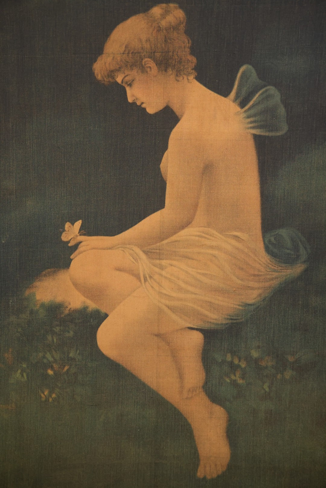 Vintage Oversized Print On Linen, “Psyche With A Butterfly,” After Wilhelm Kray (German, 1828–1889), 33" x 52"