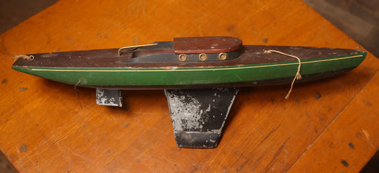 Vintage Wooden Pond Sailboat Model With Green Hull, 20-1/2" L
