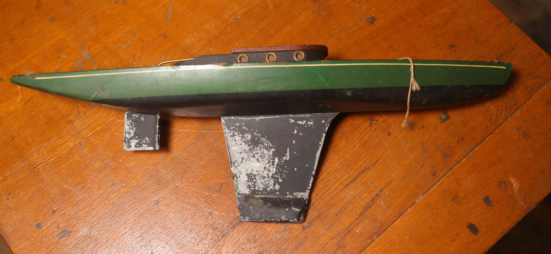 Vintage Wooden Pond Sailboat Model With Green Hull, 20-1/2" L