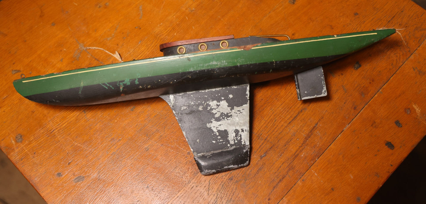 Vintage Wooden Pond Sailboat Model With Green Hull, 20-1/2" L