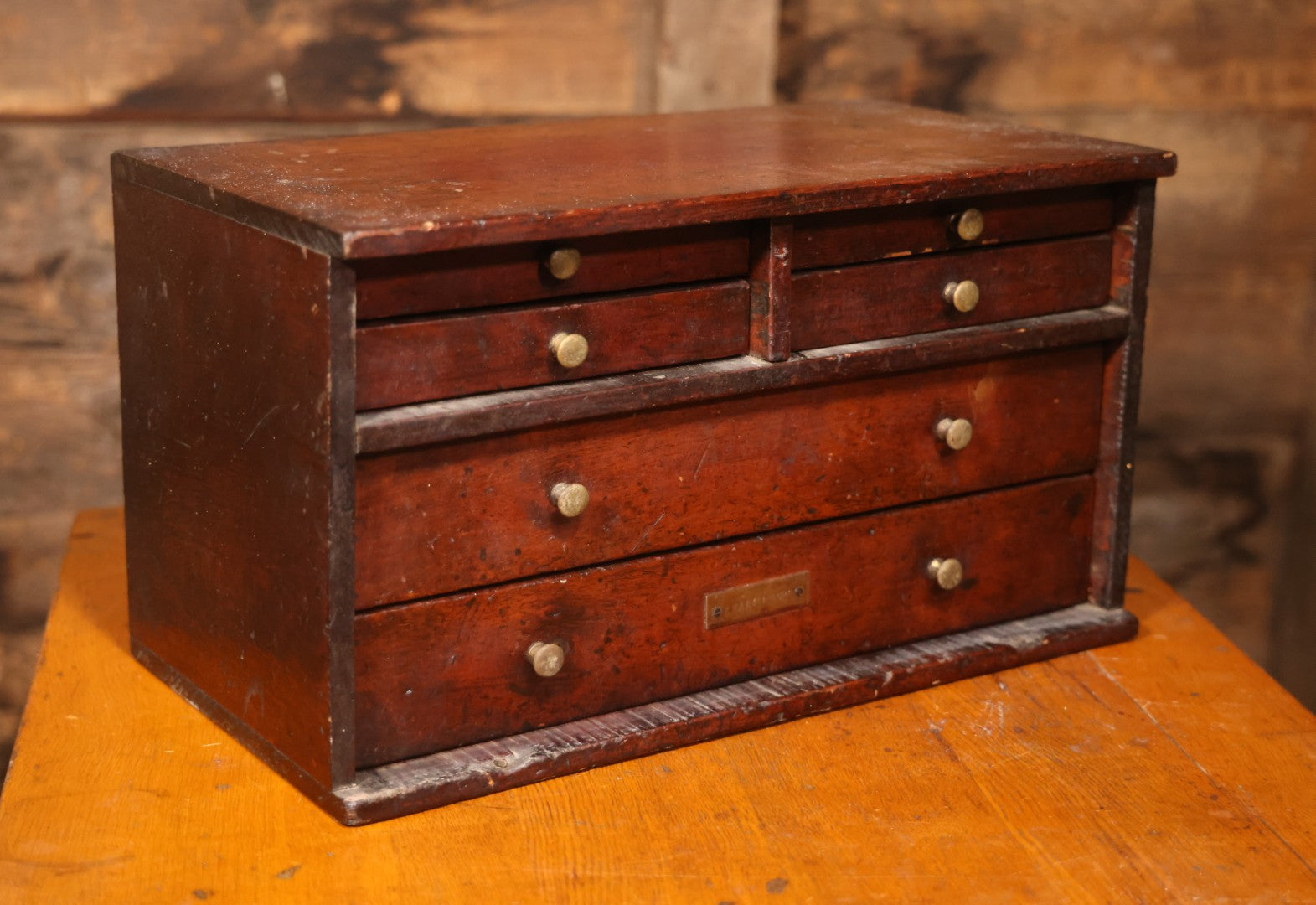 Antique Wooden Tool Chest With Six Drawers, Brass Name Plaque For “G. Claytinburg”